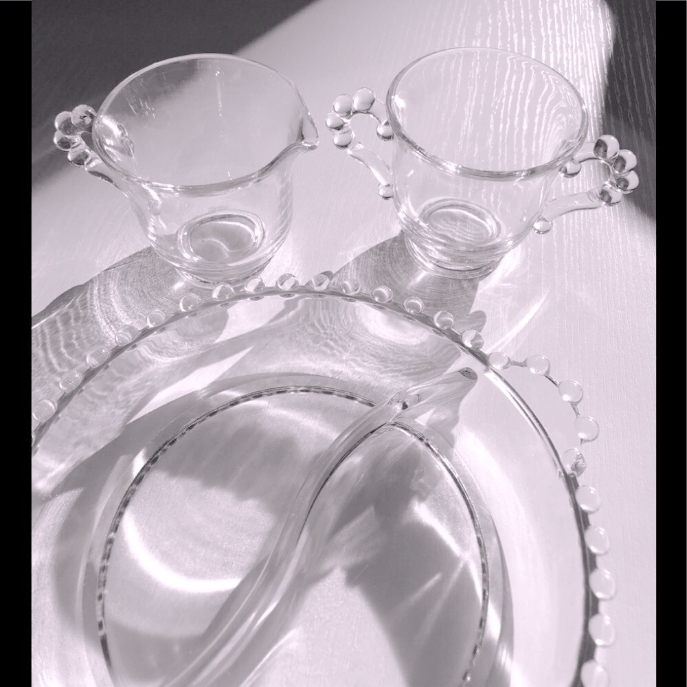 VTG 1920’s clear Glass Hobnail 3 pc Creamer, sugar, Divided round serving dish - Picture 6 of 16